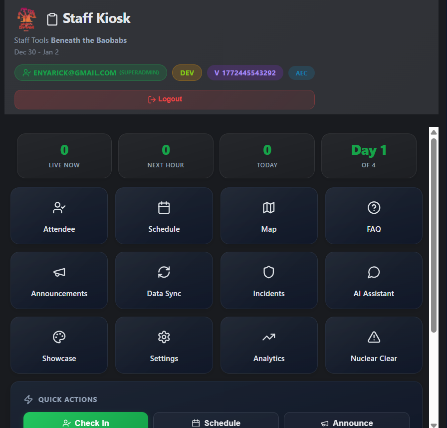 Staff Kiosk home screen